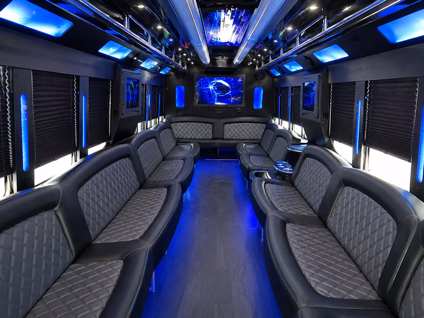 Passenger seating aboard a party bus rental serving Broken Arrow